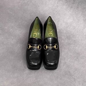 Gucci Black Leather Heeled Loafers with Gold Hardware